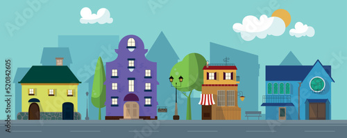 Vector illustration of a beautiful fabulous city. Cartoon urban landscape with old houses, road, lanterns, benches, trees and city in the background.