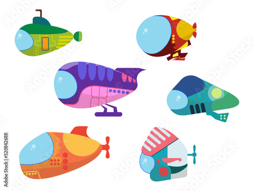 Set of futuristic colorful submarines in cartoon style. Vector illustration of underwater travel alien ships on white background.