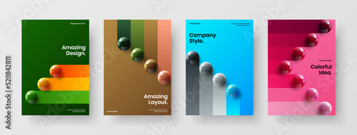 Abstract company brochure A4 design vector layout set. Clean realistic spheres presentation template bundle.