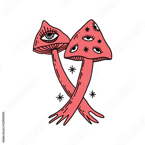 Acid cartoon magic mushrooms with eyes. Vector illustration. Cosmogony psychedelic lucidity concept. Hippie party, rave trance music festival. Distressed groovy funky style. Esoteric art print clipart