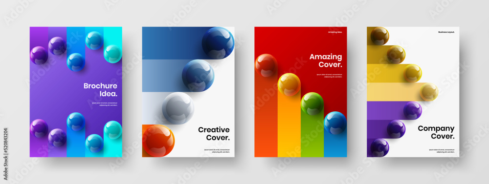 Fresh realistic spheres company cover concept composition. Colorful front page A4 vector design illustration bundle.