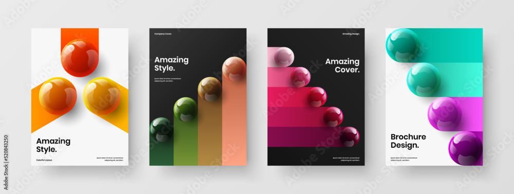 Fresh flyer vector design concept set. Clean 3D balls corporate brochure layout composition.