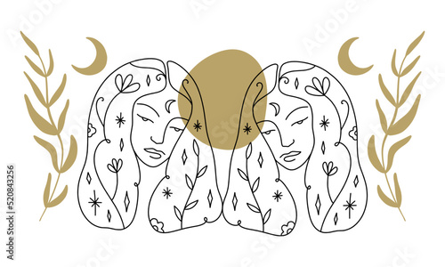 Witch Gemini Twins Zodiac line art symbol. Witchcraft sacred moon magic symbolic. Coven crescent pagan wicca goddess. Vector clipart illustration. Good for tattoos, astrology and witchy poster