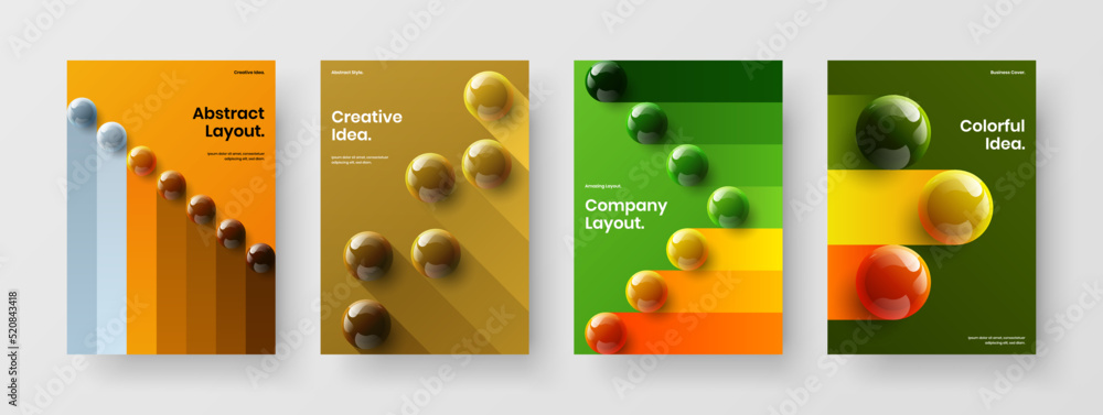 Unique postcard design vector concept set. Original realistic spheres catalog cover illustration composition.