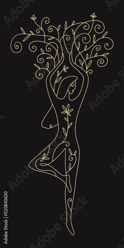 Divine plant tree growth Vrksansana yoga pose body woman illustration. Mother Earth, wellness, ecology growth feminine concept.