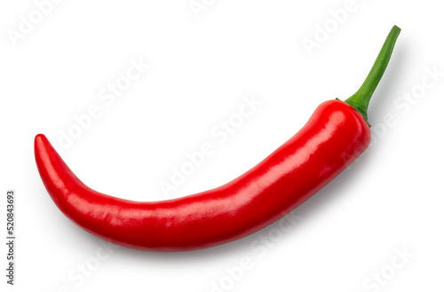 Chili pepper on white background. Chilli top view isolated. Red hot chili pepper top. With clipping path.