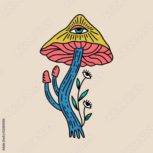 Acid cartoon magic mushrooms with eyes. Vector illustration. Cosmogony psychedelic lucidity concept. Hippie party, rave trance music festival. Distressed groovy funky style. Esoteric art print clipart