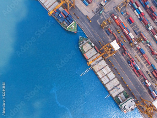 large cargo ship Logistics and transportation of International Container Cargo ship and cargo plane in the ocean a Freight Transportation, Shipping at the port