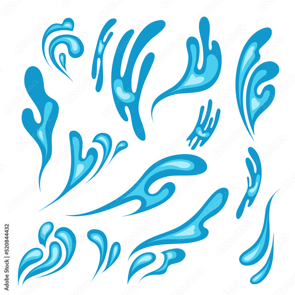 Set of blue splashes in cartoon style. Vector illustration of sea waves icons, nature symbol on white background. Set of blue splashes in cartoon style. Vector illustration of sea waves icons, nature symbol on white background.