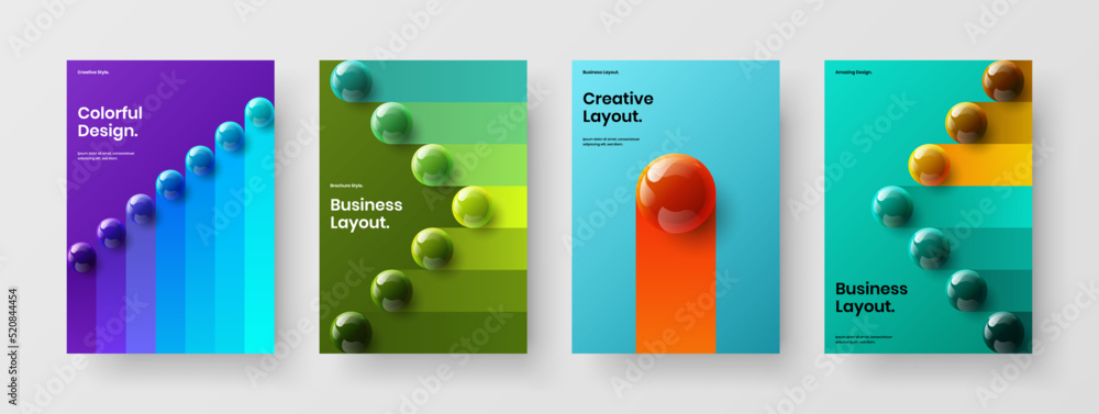 Abstract handbill design vector illustration collection. Colorful 3D spheres company identity layout composition.