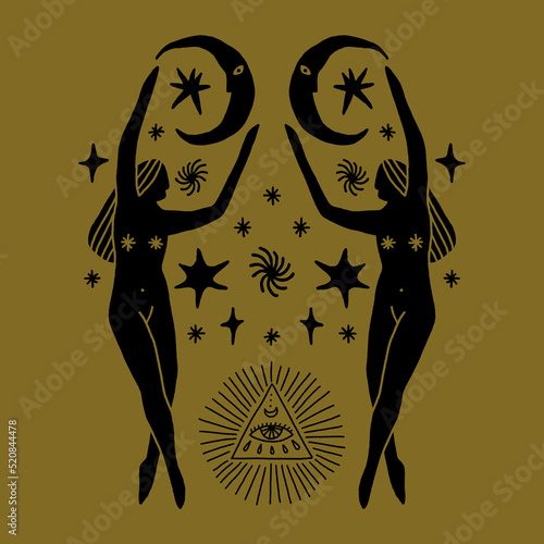 Witch coven Samhain woman silhouette. Eye of Providence, witchcraft sacred moon magic symbolic. Masonic crescent pagan wicca goddess. Vector clipart illustration. Good for tattoos, astrology and