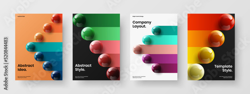 Bright 3D spheres front page layout composition. Multicolored corporate cover A4 vector design illustration set.