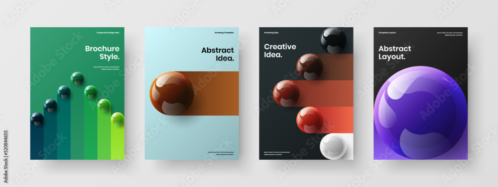 Vivid realistic spheres front page concept set. Abstract annual report A4 vector design illustration composition.