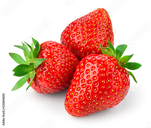 Strawberries isolated. Three strawberry berries with leaf isolate. Three strawberries on white background. Top view. Full depth of field..