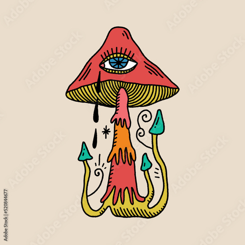Acid cartoon magic mushrooms with eyes. Vector illustration. Cosmogony psychedelic lucidity concept. Hippie party, rave trance music festival. Distressed groovy funky style. Esoteric art print clipart