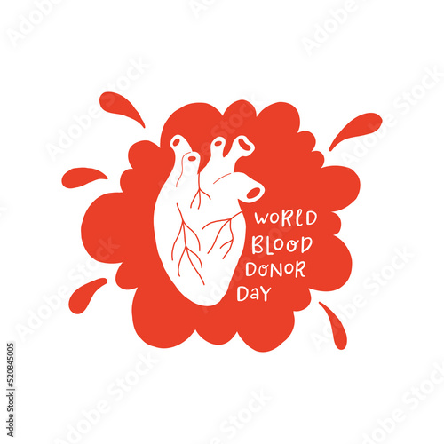 World blood donor day. Blood donation illustration concept with red heart. Blood test or analysis. Health care. Hand drawn lettering. Vector illustration on white background