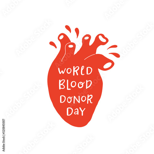 World blood donor day. Blood donation illustration concept with red heart. Blood test or analysis. Health care. Hand drawn lettering. Vector illustration on white background
