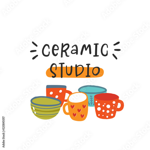 Slogan of Ceramic studio. Vector calligraphy illustration. Flat pottery logo. Set of handmade earthenware. Hand drawn vector illustration for logo, design, ceramic studio, classes, workshop, tableware