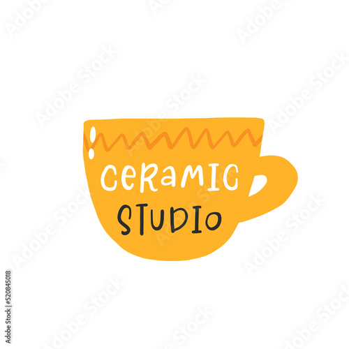 Slogan of Ceramic studio. Vector calligraphy illustration. Flat pottery logo. Set of handmade earthenware. Hand drawn vector illustration for logo, design, ceramic studio, classes, workshop, tableware
