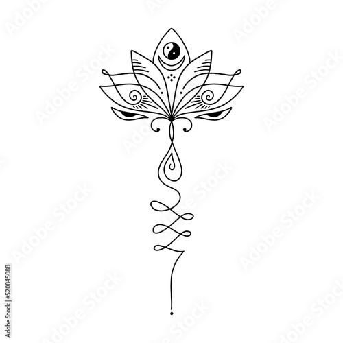 Moon lotus unamole Samadhi Sacred Geometry. Hindu and Buddhist symbol. Good for tattoo, yoga logo, boho print, poster, t-shirt and more. Buddhism brush ink hand drawn clipart design. Isolated black