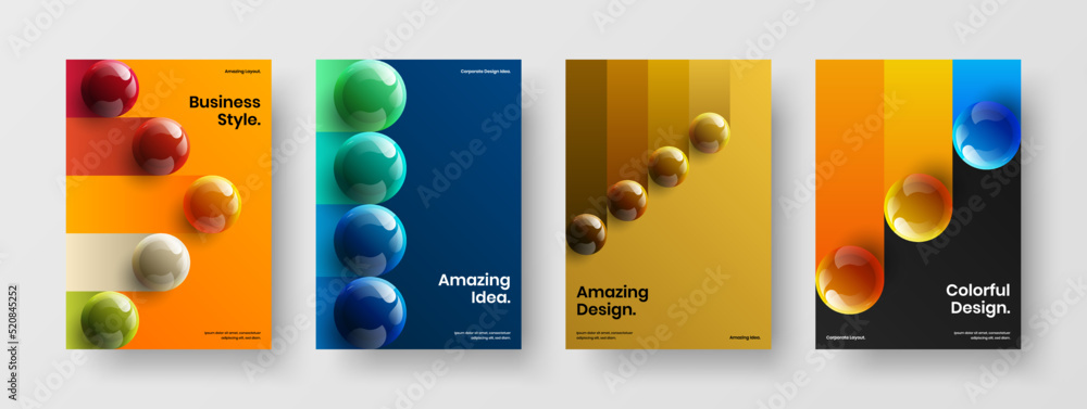 Abstract realistic balls handbill layout set. Original brochure A4 vector design template collection.