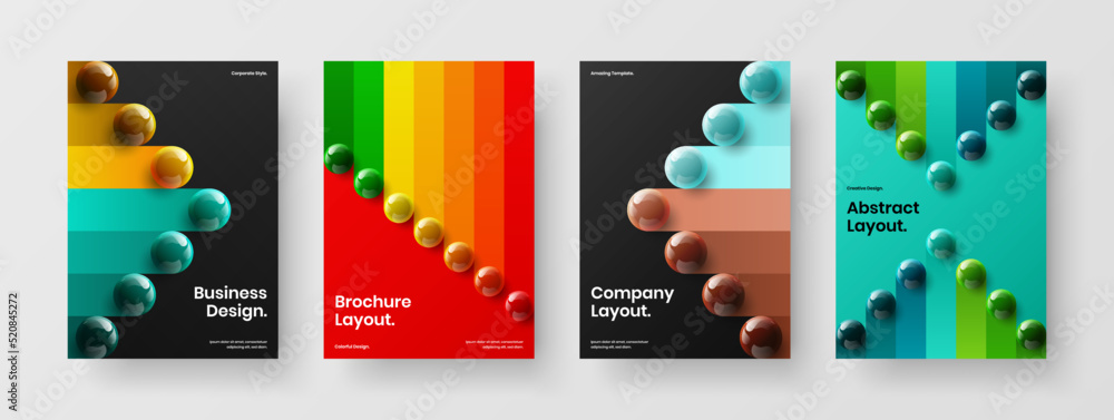Fresh corporate cover A4 vector design layout collection. Original 3D balls flyer illustration set.