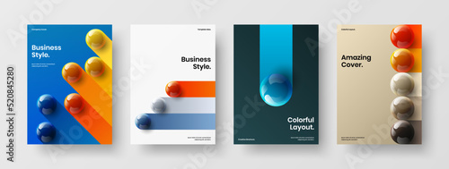 Unique 3D spheres corporate identity illustration set. Modern company brochure A4 vector design layout composition.