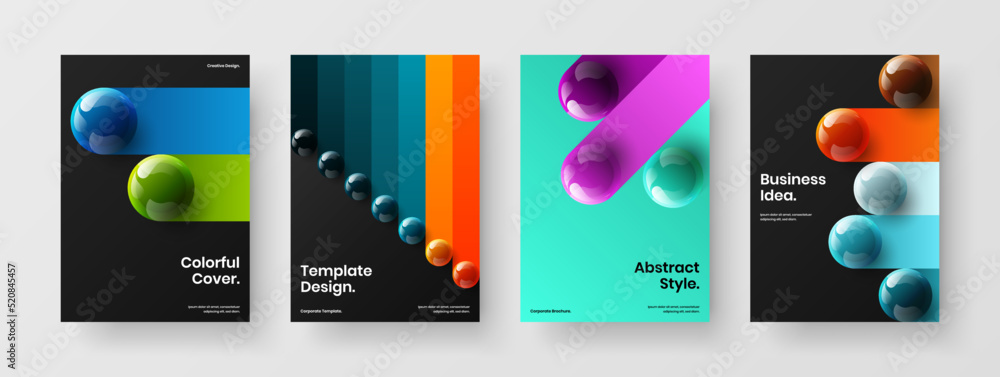 Geometric realistic spheres corporate brochure layout collection. Colorful cover A4 vector design template bundle.