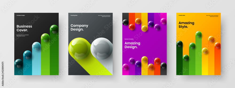 Premium company brochure design vector template composition. Minimalistic realistic spheres presentation layout bundle.