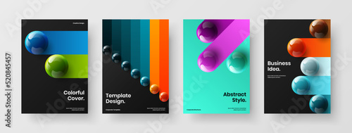 Geometric realistic spheres corporate brochure layout collection. Colorful cover A4 vector design template bundle.