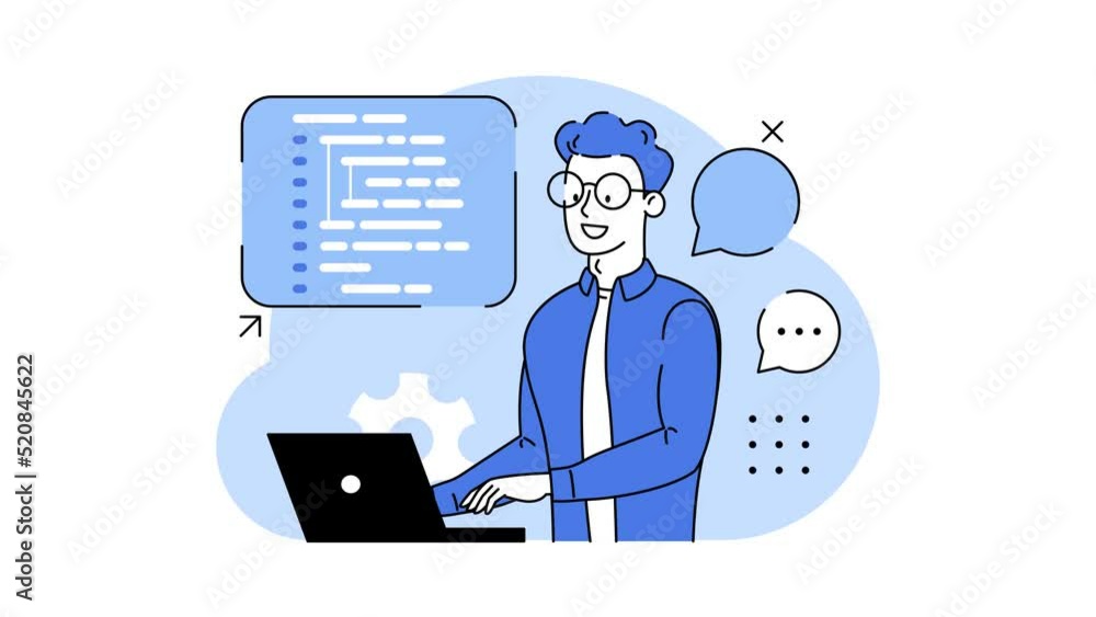IT programming, Support. Concept of script coding. Programming language. Programmer working on web development on computer. Software developers. Workplace of the programmer. 2d flat looped animation IT programming, Support. Concept of script coding. Programming language. Programmer working on web development on computer. Software developers. Workplace of the programmer. 2d flat looped animation