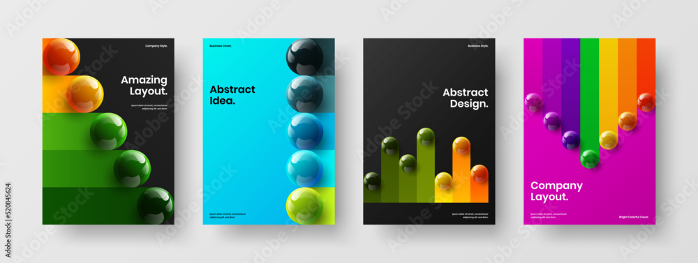 Modern magazine cover vector design illustration composition. Clean 3D spheres brochure concept collection.