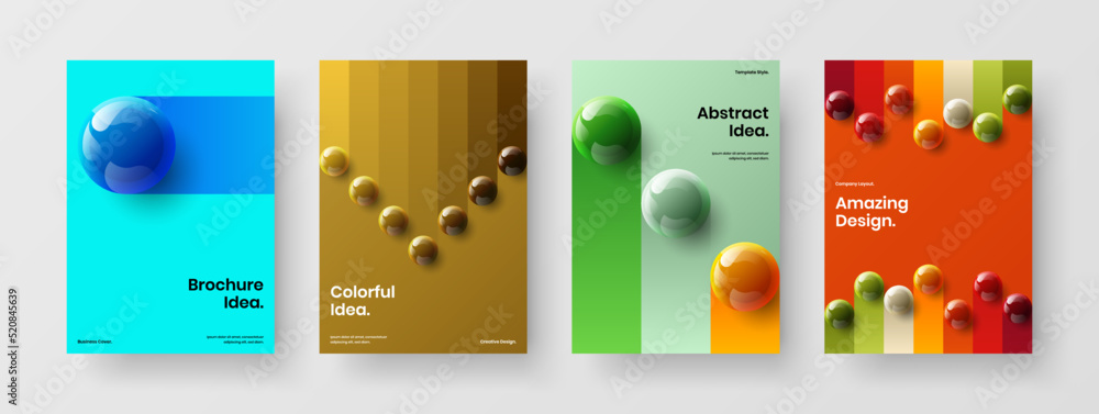 Geometric corporate cover A4 vector design layout set. Trendy 3D balls poster illustration bundle.