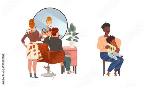 Man with Kid Waiting in Queue in Beauty Salon Sitting on Chair and Woman Hairdresser Drying Hair of Client Vector Set