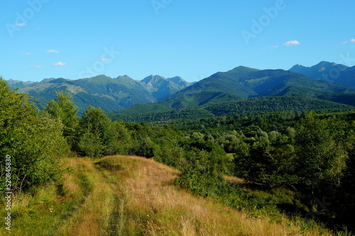 Natural landscape in Transylvania, Romania, with forests, hills and Fagaras Mountains massif on blue summer sky