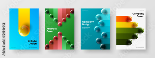 Abstract 3D spheres front page layout collection. Simple company identity A4 design vector template bundle.