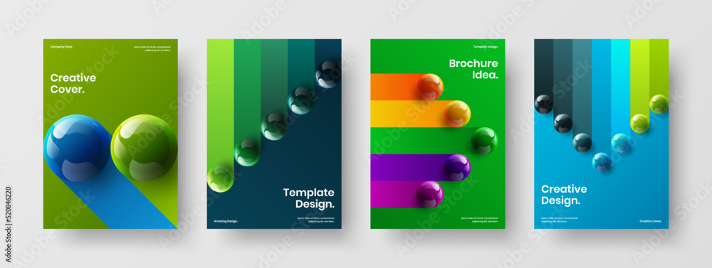 Fresh leaflet A4 vector design template set. Unique realistic balls catalog cover concept bundle.