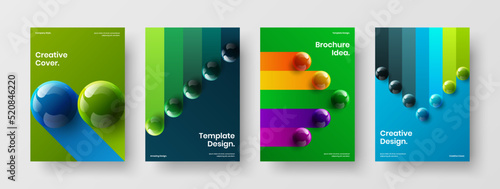 Fresh leaflet A4 vector design template set. Unique realistic balls catalog cover concept bundle.