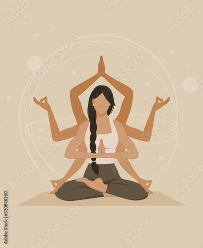 Faceless young woman sits in yoga lotus position demonstrating many pose arms. Concept of practicing meditation. Vector illustration in flat style