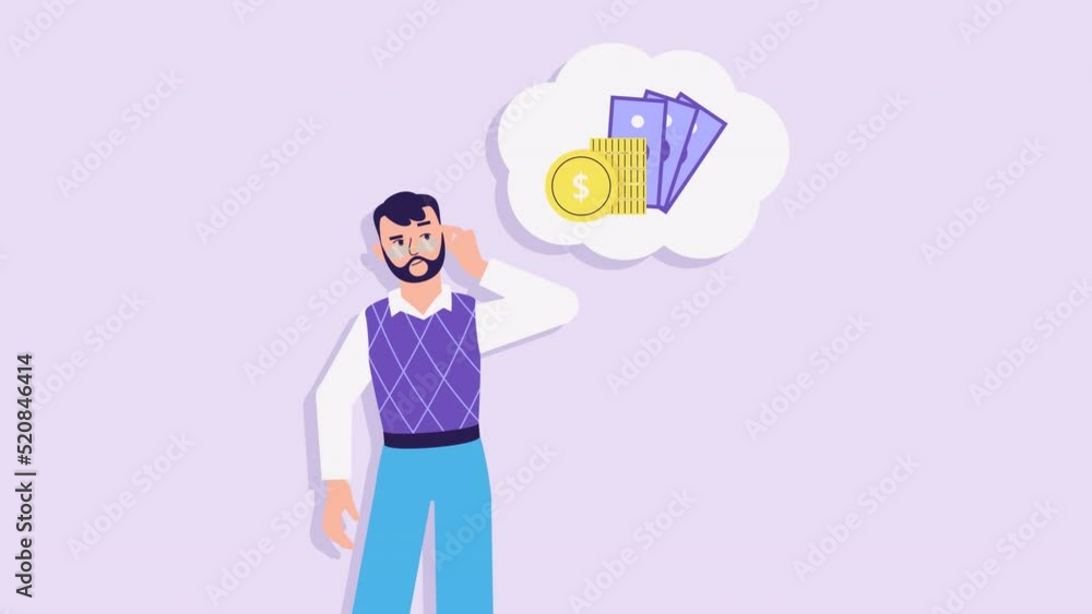Man thinking about money animation. Speech bubble with dollar coins and banknotes. money struggle, financial problems. Finance and economy concept. Earn money, get income, profit, investment money Man thinking about money animation. Speech bubble with dollar coins and banknotes. money struggle, financial problems. Finance and economy concept. Earn money, get income, profit, investment money