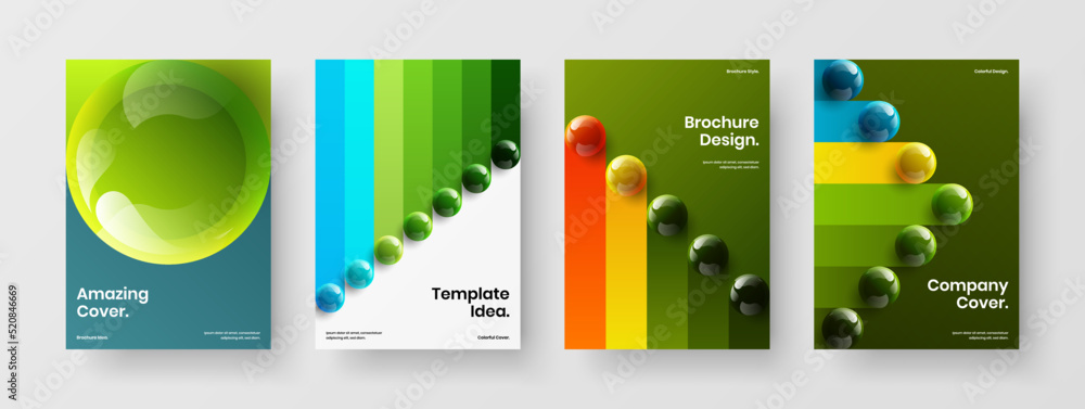 Premium 3D spheres pamphlet concept collection. Colorful placard design vector template bundle.