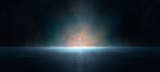 A dark empty street, dark blue background, an empty dark scene, and flames are burning,The asphalt floor with smoke float up the interior texture. night view