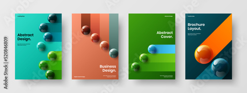 Colorful magazine cover A4 design vector template bundle. Isolated realistic spheres company identity layout composition.
