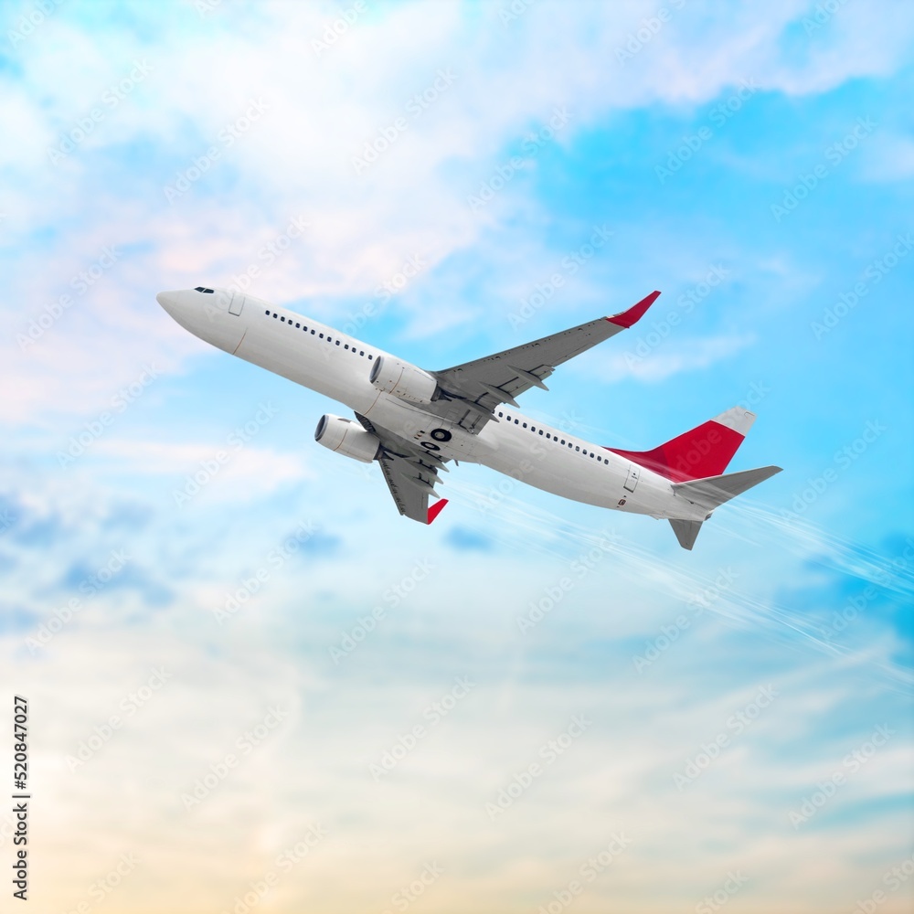 Obraz premium Beautiful nature background with aircraft and Jet in the sky. Airplane and condensation trail. Traveling the world concept