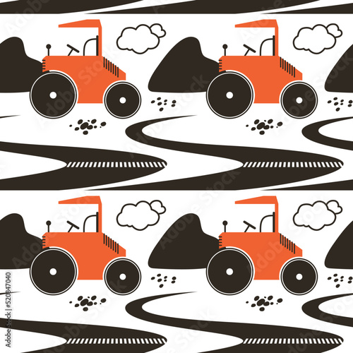 Seamless pattern with asphalt paver and road under construction. Highway with road markings. Compactor roller for road construction. Road construction symbol.