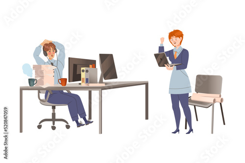 Man and Woman Colleagues in Office Sitting in Headphones at Desk and with Laptop Engaged in Daily Workflow Vector Set