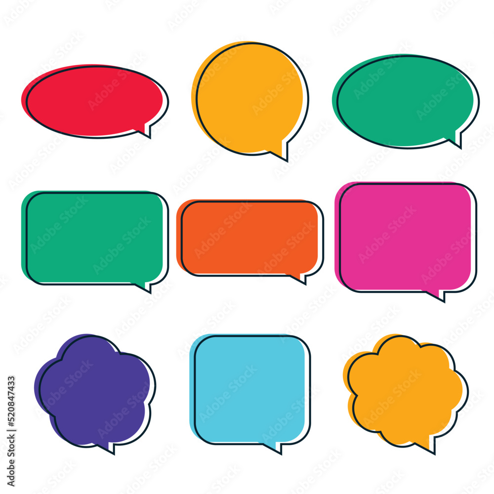 Set of flat colorful speech bubbles. Badges different shapes with black decorative strokes isolated on white backdrop