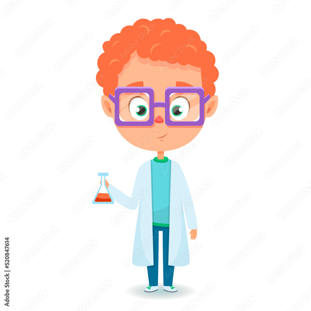 Cartoon boy scientist holding a flask. Little chemist. Vector illustration isolated on a white background for certificates design, school project, web design.