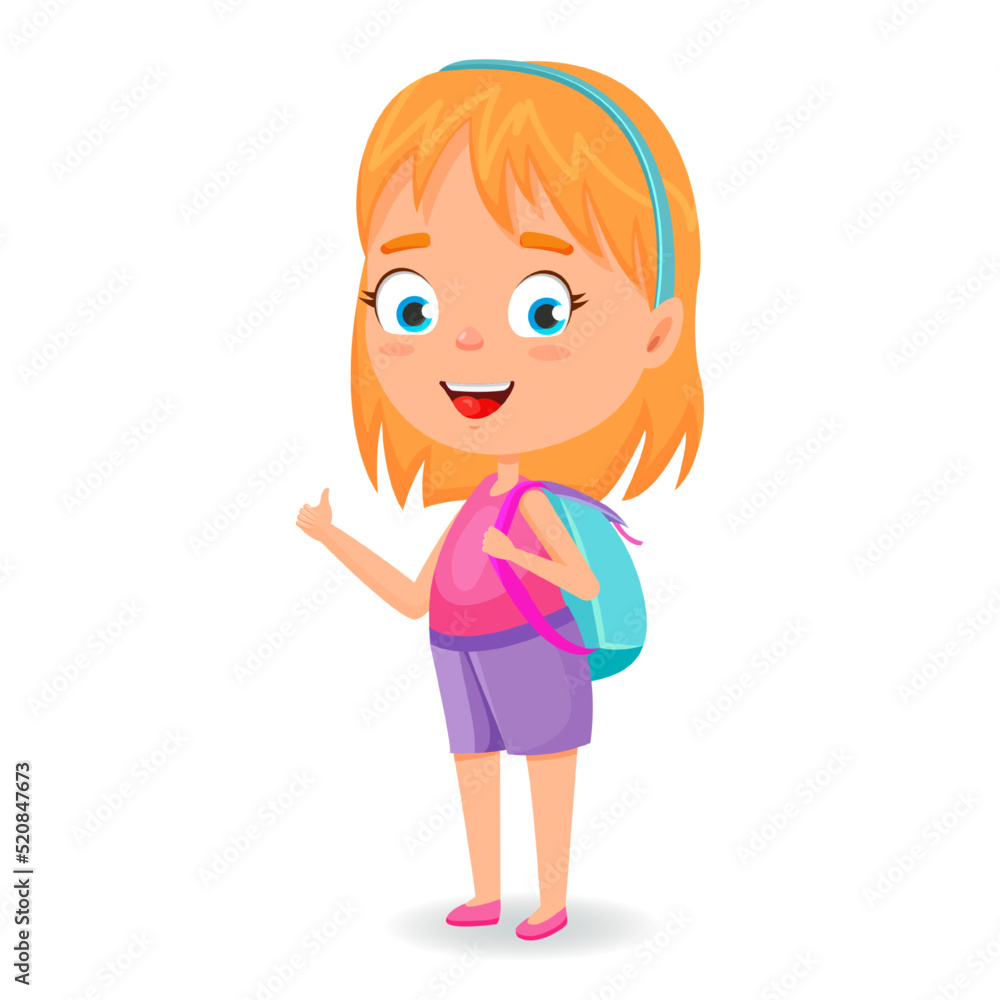 Schoolgirl with backpack is going back to school. School time. Cute vector cartoon character for books, banners, certificate.