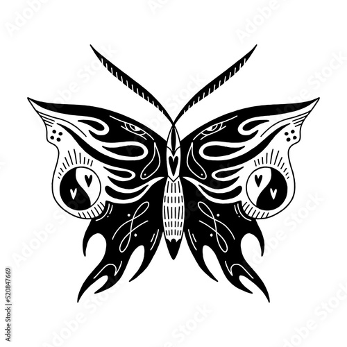 Hippie bohemian groovy funky butterfly in 1960s boho psychedelic style. Perfect for tattoo, T-shirt, music album cover, coloring page and more. Vector clipart illustration.